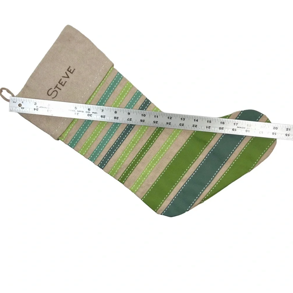 WEST ELM Linen Christmas Stocking Green Grosgrain Ribbon ~ “Steve” Monogram
